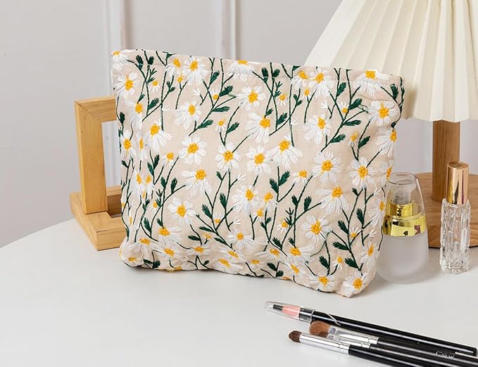 Cosmetic Bags for Women Makeup Bag Large Capacity Purse Travel Toiletry Zipper Storage Pouch Make up Brushes Organizer for Gifts (Daisy, White)