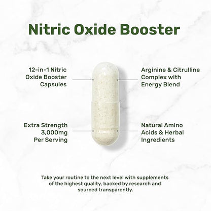 Nitric Oxide Booster 3,000mg Per Serving, 300 Capsules – 12 in 1 Nitric Oxide Supplement – Arginine & Citrulline Complex with Energy Blend – Marshmallow Root – Promotes Nutrient Flow to Muscles &Heart
