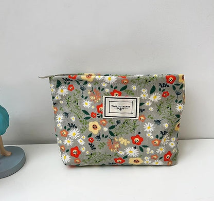 Flower Fabric Makeup Bag for Purse, Vintage Corduroy Cosmetic Pouch Bag, Portable Travel Handbag for Women Girls (Bean green flowers)
