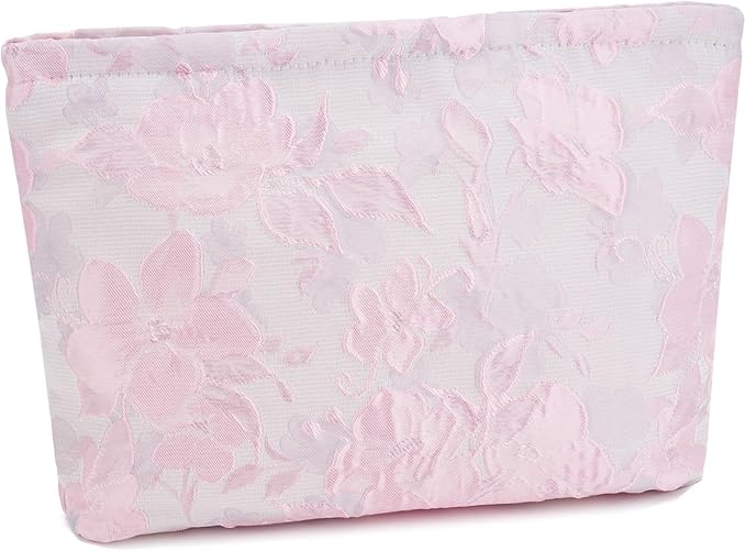 WOZEAH Floral Makeup Bag for Purse Small Cosmetic Pouch,Stylish Zipper Make up Pouch Travel Canvas Toiletry Bags(Jacquard Pink)