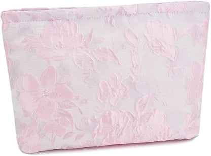 WOZEAH Floral Makeup Bag for Purse Small Cosmetic Pouch,Stylish Zipper Make up Pouch Travel Canvas Toiletry Bags(Jacquard Pink)