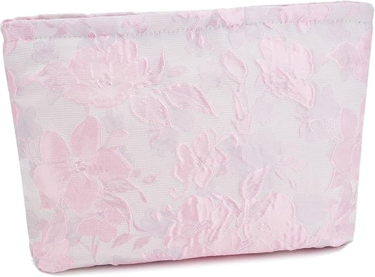 WOZEAH Floral Makeup Bag for Purse Small Cosmetic Pouch,Stylish Zipper Make up Pouch Travel Canvas Toiletry Bags(Jacquard Pink)
