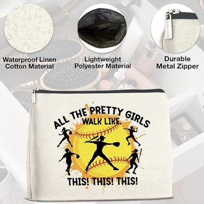 Softball Gifts for Girls Women - Makeup Bag, Player Gift - All the Pretty Girls Walk Like This - Cosmetic Bag Zipper Makeup Pouch