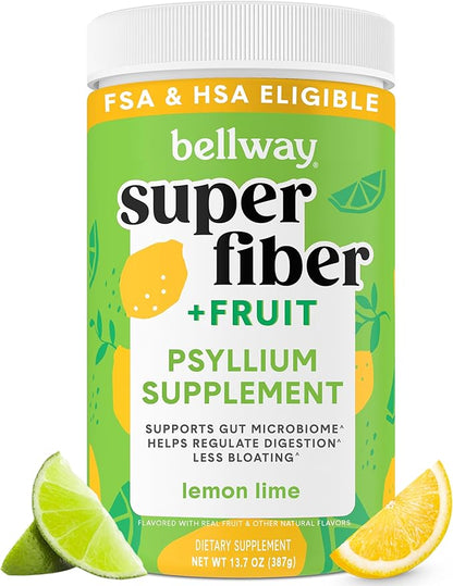 Bellway Super Fiber Powder + Fruit, Sugar Free Organic Psyllium Husk Powder Fiber Supplement for Regularity, Bloating Relief & Gut Health, Non-GMO, Plant-Based, Lemon Lime (50 Servings)