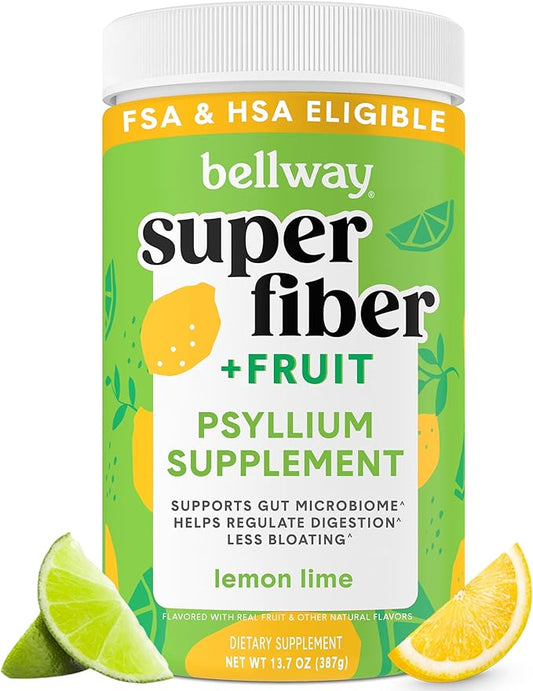 Bellway Super Fiber Powder + Fruit, Sugar Free Organic Psyllium Husk Powder Fiber Supplement for Regularity, Bloating Relief & Gut Health, Non-GMO, Plant-Based, Lemon Lime (50 Servings)
