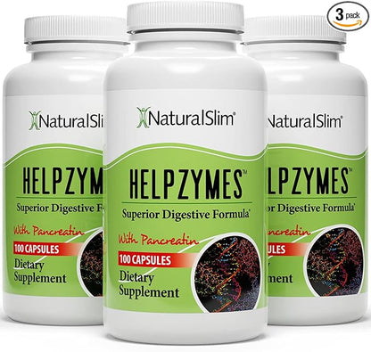 NaturalSlim Helpzymes Digestive Enzymes for Digestion, Bloating, Gas Relief & Gut Health Supplement - Digestion Supplement* with Pancreatin, Betaine HCL & Daily Essential Enzyme - 100 Caps (3 Pack)