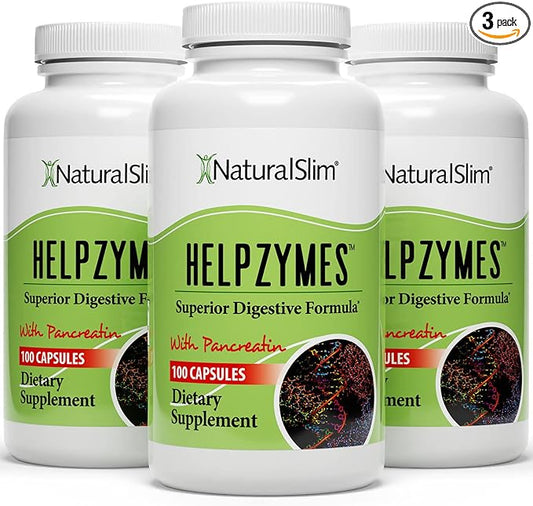 NaturalSlim Helpzymes Digestive Enzymes for Digestion, Bloating, Gas Relief & Gut Health Supplement - Digestion Supplement* with Pancreatin, Betaine HCL & Daily Essential Enzyme - 100 Caps (3 Pack)