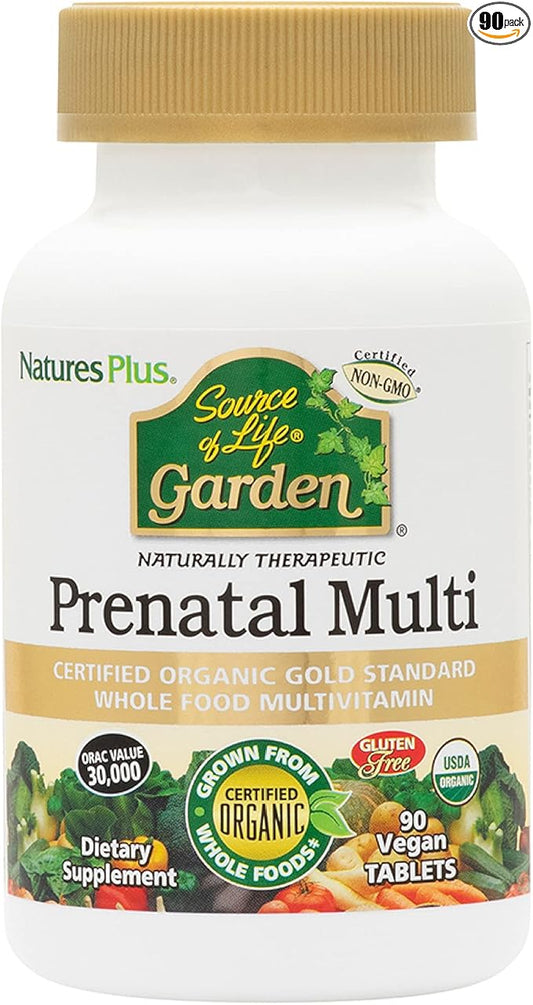 NaturesPlus Source of Life Garden Certified Organic Prenatal Multivitamin - 90 Vegan Tablets - Supports Reproductive Health & Pregnancy - Folic Acid - Non-GMO, Vegetarian, Gluten-Free - 30 Servings