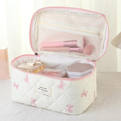 3 Pcs Quilted Makeup Bag Set,Coquette Bow Make Up Bag,Cute Floral Makeup Bags Large Toiletry Cosmetic Bag Organizer for Women Girls (N-3PCS)