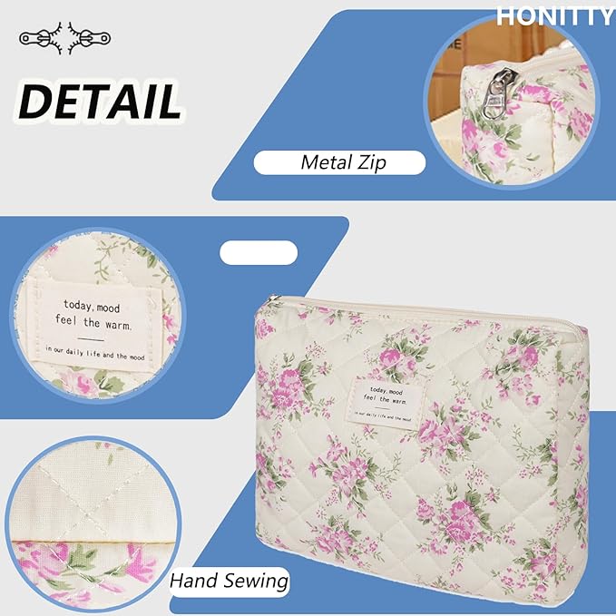 Quilted Makeup Bag,Medium Travel Floral Cosmetic Bag Cute Pouch,Cotton Makeup Brushes Storage Bag for Women