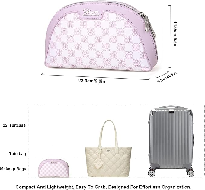 Small Makeup Bag for Purse Cosmetic Bag: Checkered Make up Bag for Women - Cute Preppy Skincare Bags for Evening - Waterproof Travel Pouch for Toiletry Organizer with Mirror & Zipper(021-Purple)
