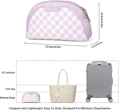 Small Makeup Bag for Purse Cosmetic Bag: Checkered Make up Bag for Women - Cute Preppy Skincare Bags for Evening - Waterproof Travel Pouch for Toiletry Organizer with Mirror & Zipper(021-Purple)