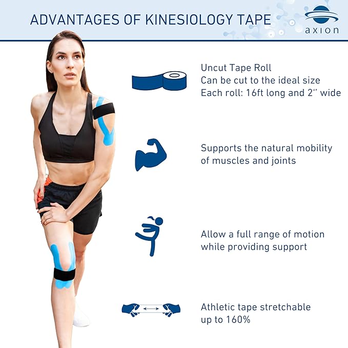Kinesiology Tape Uncut | 2 Rolls of Athletic Sports Tape in Blue and Beige | 16ft Length and 2'' Width per Roll | Waterproof • Skin-Friendly • Elastic | Ideal for Sports | axion