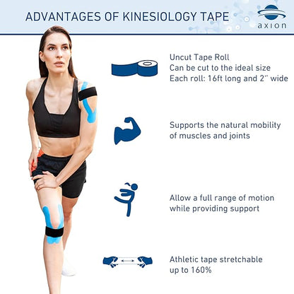 Kinesiology Tape Uncut | 2 Rolls of Athletic Sports Tape in Black and Blue | 16ft Length and 2'' Width per Roll | Waterproof • Skin-Friendly • Elastic | Ideal for Sports | axion