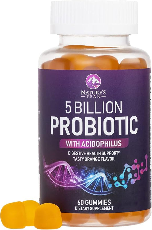 Probiotic Gummies for Women, Men & Teens - 5 Billion CFUs, 6 Probiotic Strains, Orange Flavor - Daily Probiotic Gummy Supplements for Natural Digestive Health, “Good” Gut & Immune Support - 60 Count