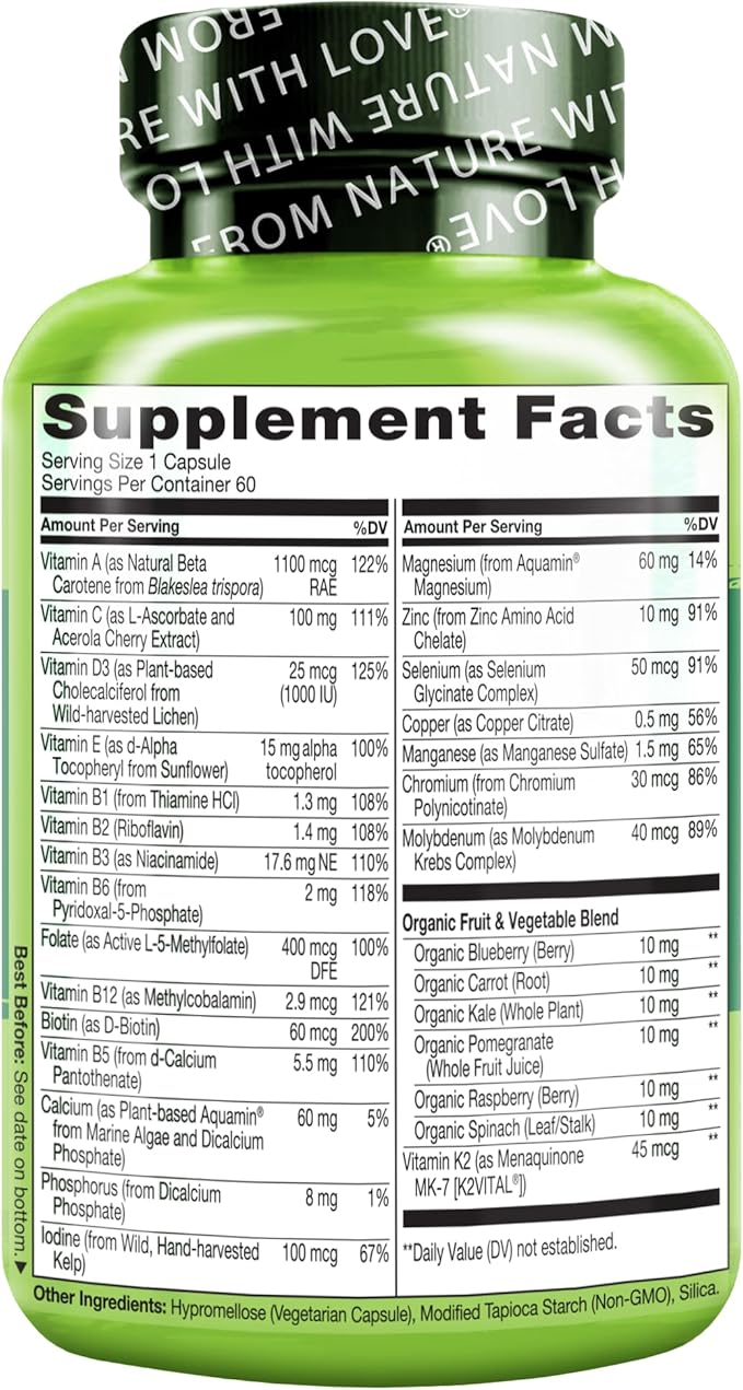 NATURELO Mens Multivitamins for Men 50+ - One Daily Multivitamin for Men with Vitamins, Minerals & Organic Whole Foods Non-GMO, 60 Vegetarian Capsules