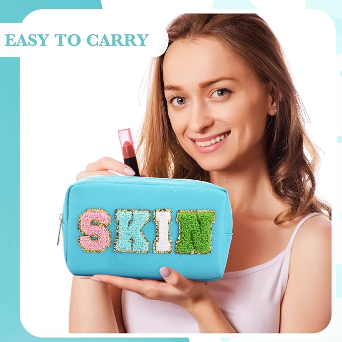 Sanwuta 4 Pcs Hair Face Skin Travel Bag Set Preppy Makeup Pouch PU Leather Skincare Bag Waterproof Cosmetic Organizer Birthday Christmas Gifts(Blue, Mint Green, Green, Malachite Green,Fresh Style)