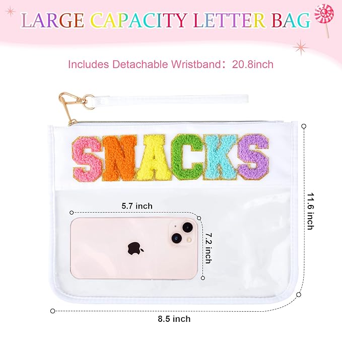 Snack Bags Clear Chenille Letter Pouch Travel Bag Zipper Nylon Makeup Bag Organizer Cosmetic Pouch Toiletry Bag Waterproof Summer Travel Gifts for Women