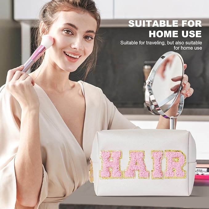 Preppy Patch Hair Portable Makeup Bag Bulk Pu Leather Cosmetic Bag Waterproof Travel Organizer Zipper Pouch Storage Purse for Women Girls Gift (Shell Gold)