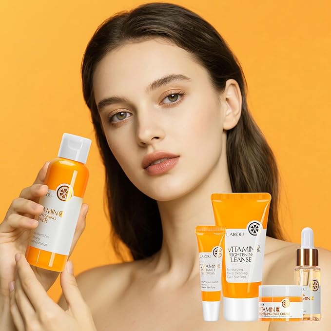 5 Pieces Vitamin C Serum Facial Skin Care Set,Skin Revitalizer, Nourishing, Lightening, Brightening Skin Tone, Gift Set Travel Size Kit with Cleanser, Toner, Serum, Eye Cream, Face Cream