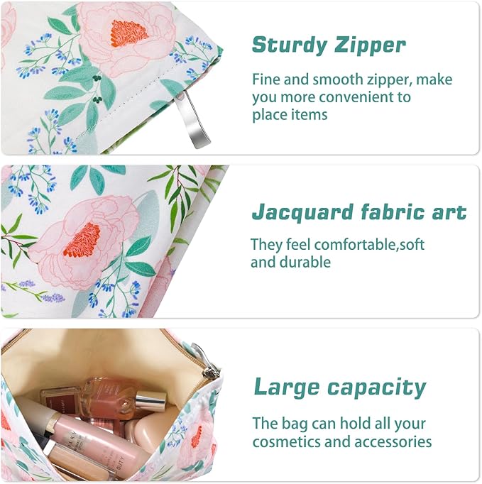 Flower Makeup Bag Travel Large Floral Cosmetic Bags Cute Makeup Pouch Zipper Cosmetic Pouch for Purse Aesthetic Make up Organizer Bag Portable Toiletry Bag for Women Girls Her Female