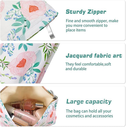 Flower Makeup Bag Travel Large Floral Cosmetic Bags Cute Makeup Pouch Zipper Cosmetic Pouch for Purse Aesthetic Make up Organizer Bag Portable Toiletry Bag for Women Girls Her Female