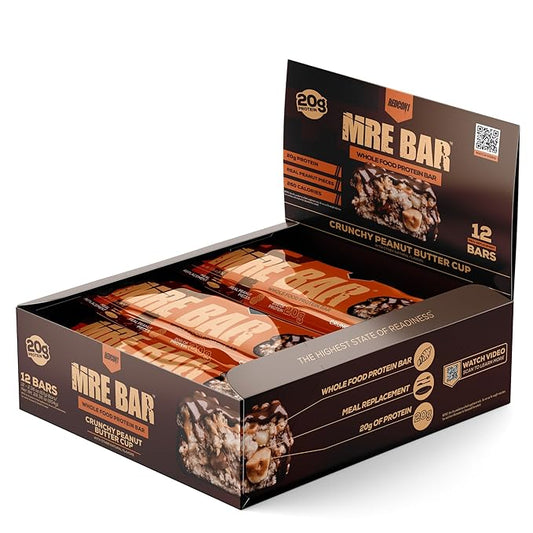 REDCON1 MRE Protein Bar, Crunchy Peanut Butter Cup - Contains MCT Oil + 20g of Whole Food Protein - Easily Digestible, Macro Balanced Low Sugar Meal Replacement Bar (12 Bars)