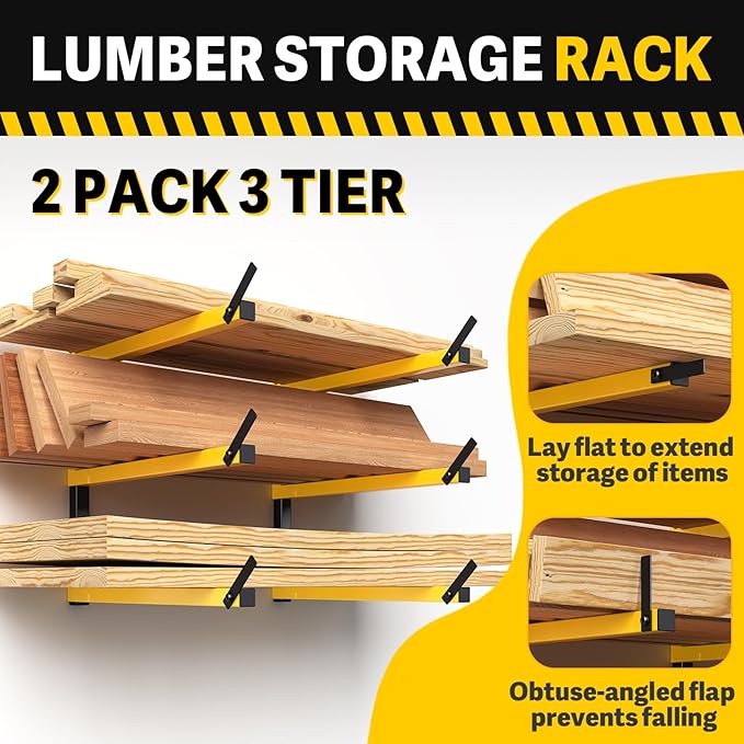 GREENER Lumber Storage Rack Folding Wood Storage Racks Wall-Mounted Metal Racks for Storage with 3-Level Heavy Duty Garage Wood Organizer for Woodworking Shop Indoor & Outdoor Use, 2 pairs,Yellow