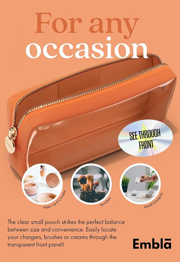 Embla Clear Cosmetic Bag Makeup Case, Clear Zipper Make Up Pouch and Toiletry Travel Tote, Cute Skincare Pouches for Women Girls, Preppy Purse Cosmetic Organizer, Mini Small Makeup Bags, Peach
