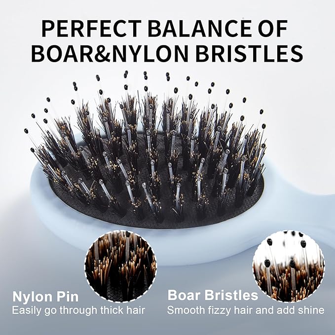 Mini Boar Bristles Hair Bursh, Travel Size Hair Brush for Women Men Kids, Protable Small Hair Brush for Pockets Purses, Mini Detangler Brush for Smooth Add Shine (1 Pack-Blue)