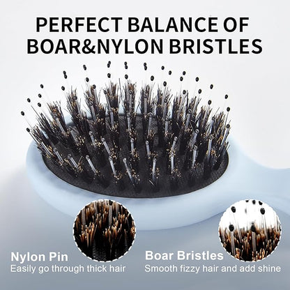 Mini Boar Bristles Hair Bursh, Travel Size Hair Brush for Women Men Kids, Protable Small Hair Brush for Pockets Purses, Mini Detangler Brush for Smooth Add Shine (1 Pack-Blue)