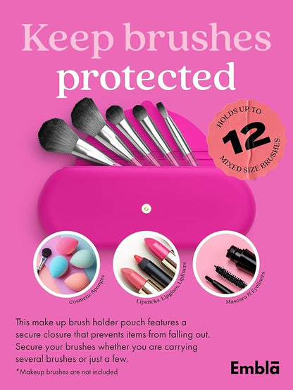 Embla Makeup Brush Holder Travel Cosmetic Case Pouch, Soft Silicone Cosmetic Bag Make Up Brushes Holder with Secure Snap Closure, Travel Makeup Brush Case, Fuchsia