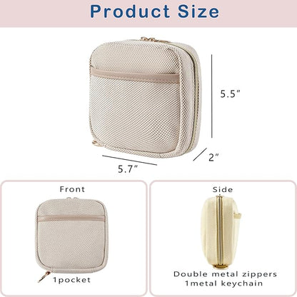Small Canvas Makeup Bag with Compartments for Purse, Wide-open Makeup Pouch with Zipper and Keychain, Key Pocket Lipstick Bag Travel Organizer Bag（01Beige）