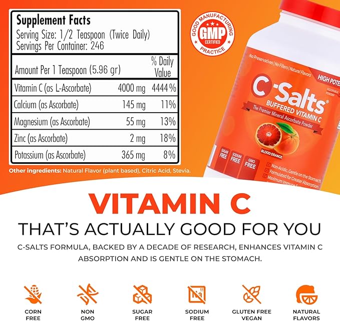 4000mg Vitamin C Powder Supplement - 100% Pure Buffered Powdered Drink with Ascorbate C - Potent Immune Support, Stomach-Friendly Absorption, Organic, Vegan, Sodium & Sugar-Free, Original 26oz