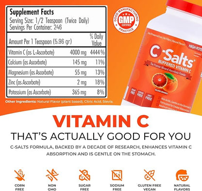 4000mg Vitamin C Powder Supplement - 100% Pure Buffered Powdered Drink with Ascorbate C - Potent Immune Support, Stomach-Friendly Absorption, Organic, Vegan, Sodium & Sugar-Free, Original 26oz
