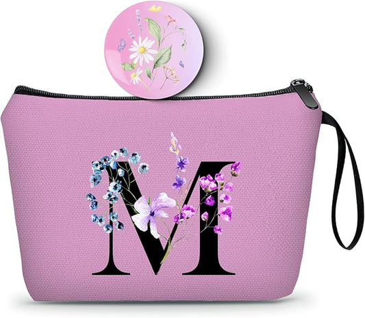 SEAMOON Women Birthday Maid of Honor Monogrammed Gifts for Bride Bridesmaid Sister Friend Her Teacher Makeup Cosmetic Bag with Mirror Mothers Day Christmas Graduation M