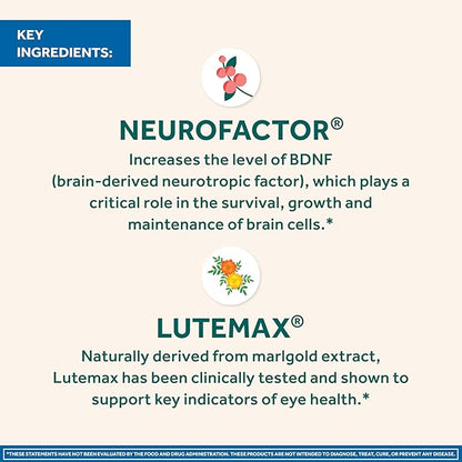 NEURIVA Brain + Eye Supplement for Memory, Focus & Concentration with Lutein & Vitamins A C E and Zinc for Eye Health & Zeaxanthin to Filter Blue Light, 30ct Capsules