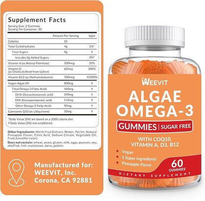 Vegan Omega 3 Gummies, Algae Omega 3 Supplement DHA 240mg, EPA 110mg w/Vitamin B12, CoQ10, Omega 3 Fish Oil Alternative for Adults - Brain, Bone, Joint, Eye & Immunity Support