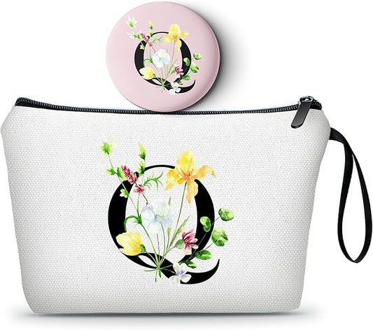 SEAMOON Women Birthday Unique Initial Funny Gifts for Teenage Girl Sister Friends Bridesmaid Personalized Travel Make up Cosmetic Bag with Mirror Valentines Mothers Day Christmas Graduation Q