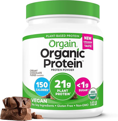 Orgain Organic Vegan Protein Powder, Creamy Chocolate Fudge - 21g Plant Protein, 7g Prebiotic Fiber, No Lactose Ingredients, No Added Sugar, Non-GMO, Shakes & Smoothies, 1.02 lb (Packaging May Vary)
