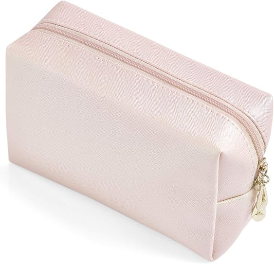 PU Leather Cosmetic Bag for Women Minimalism Makeup Bag for Daily Use Portable Storage Purse Small Neat Cosmetic Pouch Water-resistant Toiletry Bag for Travel (Light Pink)