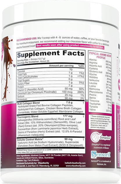 Vitauthority Collagen Peptides Powder Weight Loss | Collagen Supplements Hydrolyzed Beauty Complex | Multi Collagen for Women, Hair Skin Nails | Fat Burning Support | Chocolate Flavored 25 Servings