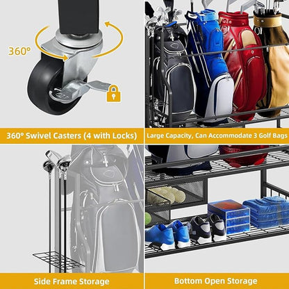 DWVO Golf Bag Organizer for Garage, Golf Storage Organizer w/Wheels for Garage Club and Shed, Golf Bag Storage Rack w/Drawer for Golf Bags, Clubs, Balls and Other Equipment Accessories
