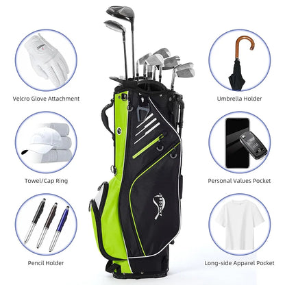 Golf Stand Bag 14 Way Top Dividers Full-Length with Stand, 8 Pockets, Cooler Pouch, Waterproof Golf Bag for Men, Dual Strap, Rain Hood