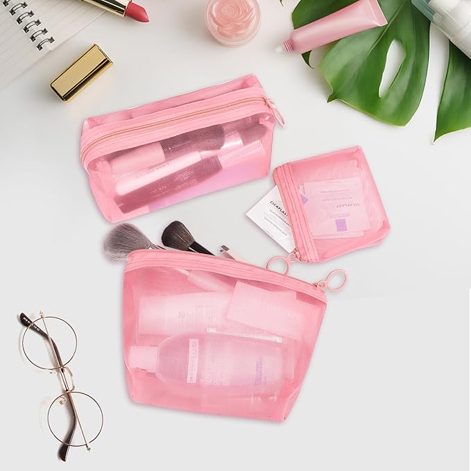 Aosbos 3-Pack Mesh Cosmetic Bag Set - Travel/On-The-Go Makeup Storage, Zipper Closure Small Pouch