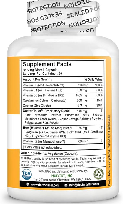 NuBest Doctor Taller - Bone Strength Supports, Enhance Immune System - Keto with Calcium, Vitamin D3, Vitamin K2, Amino Acids & Herbs for Children (8+) - 60 Vegan Capsules | 1 Month Supply