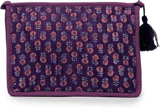 Quilted Makeup Bag- Large Capacity Cosmetic Bags for Women - Water Resistance Lining Portable Pouch & Open Toiletry Bag - Perfect Girls Makeup Organizer for Travel Essentials (Purple & Orange Floral)