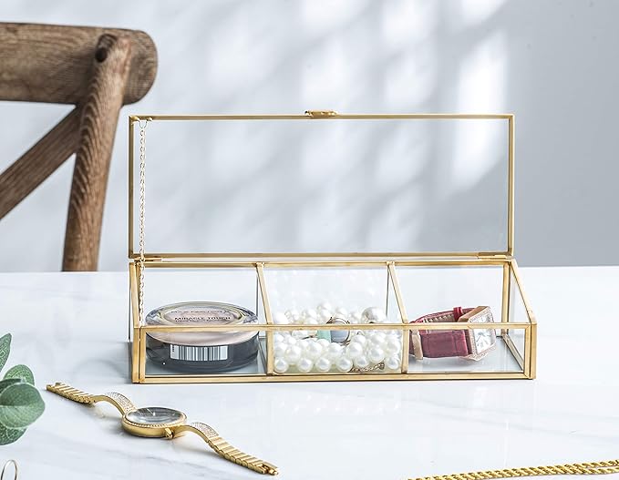 Golden Vintage Glass Lidded Box Clear Glass & Brass Metal Storage Jewelry and Cosmetic Makeup Organizer with Lid Beauty Display, Rectangle with 3 Compartment