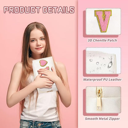 TOPEAST Preppy Makeup Bag Initial Chenille Letter Bag Cosmetic Bag Portable Travel Toiletry Bag, Personalized Birthday Gift for Women Girls, Preppy Travel Stuff for Girls, White K