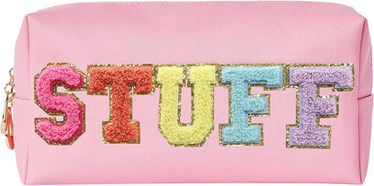Preppy Patch Stuff Portable Makeup Bag Bulk Pu Leather Cosmetic Bag Waterproof Travel Organizer Zipper Pouch Storage Purse for Women Girls Gift (HZB-FS-CS-STUFF)
